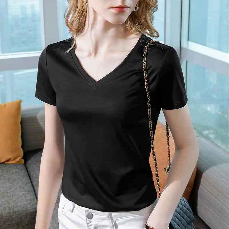

2023 summer cotton t-shirt women V-neck short-sleeved pure cotton
