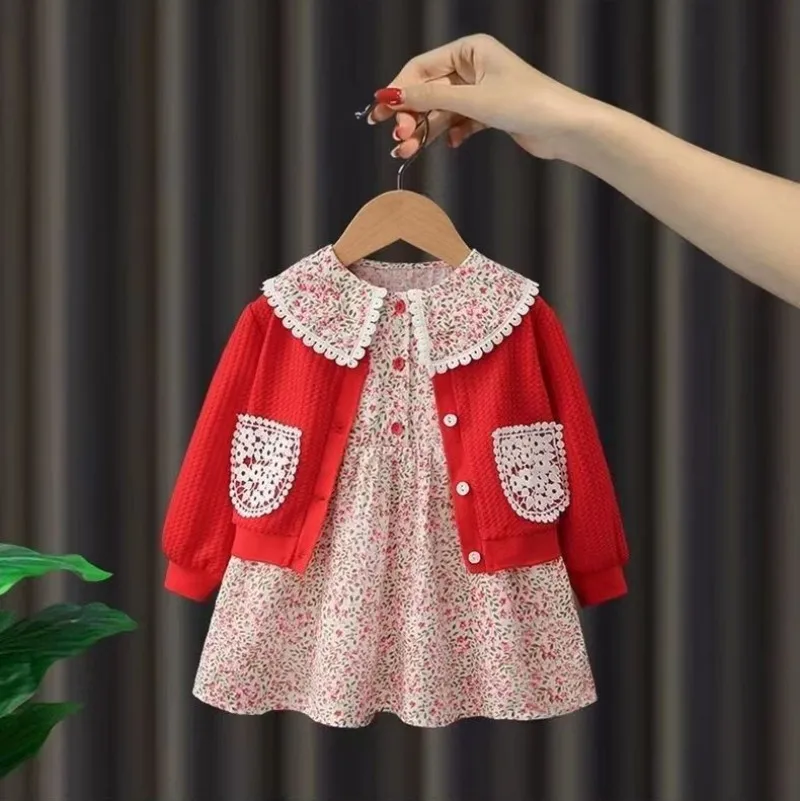 

2Pcs Baby Girl Suit NewKids Girl Knitted Cardigan Dress Two Piece Spring and Autumn Children's Clothes Suit1 3 5 6Y