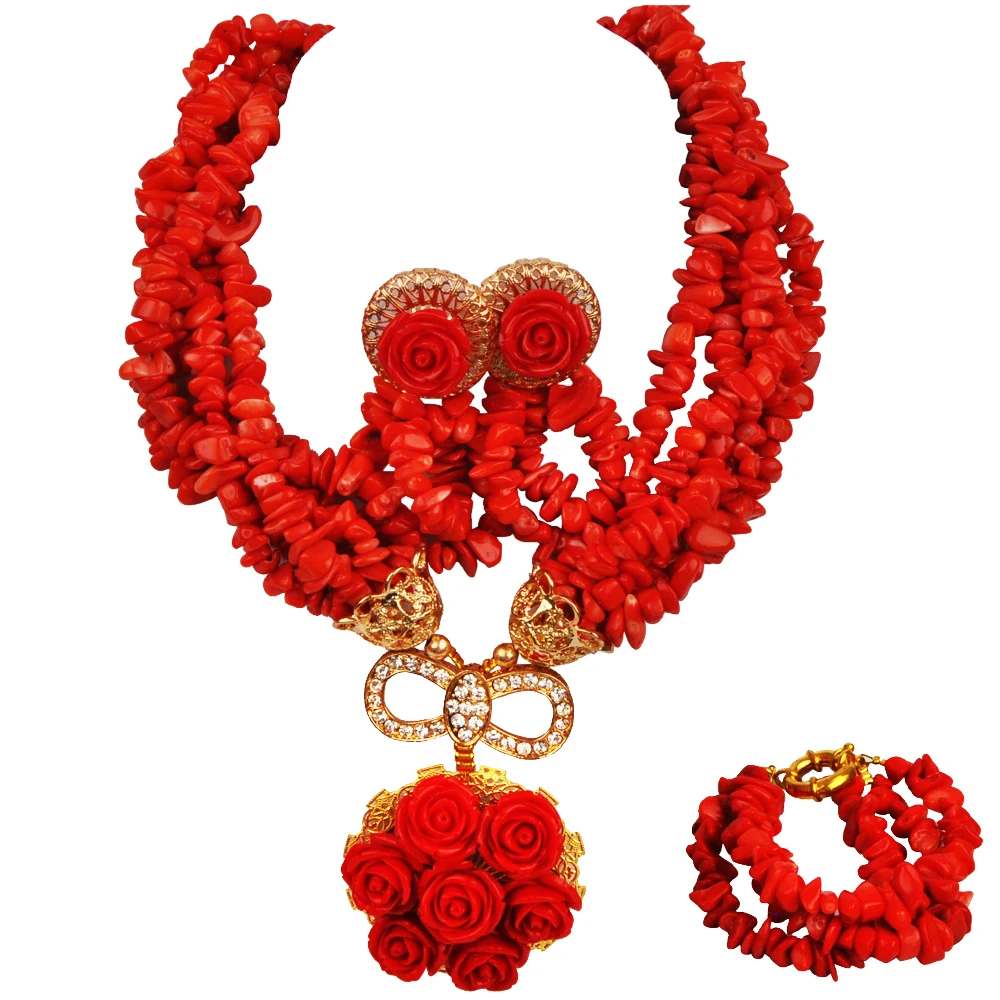 

Красный коралловый комплект ювелирных изделий, Африканское коралловое ожерелье, наборы свадебных ювелирных изделий, нигерийский Свадебный комплект ювелирных украшений из коралловых бусин