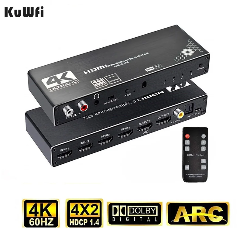 KuWFi 4K/60Hz HDMI Switch Remote 4x2 HDR HDMI Switcher Audio Extractor With ARC & IR Switch HD-MI 2.0 For PS4 TV HDTV
