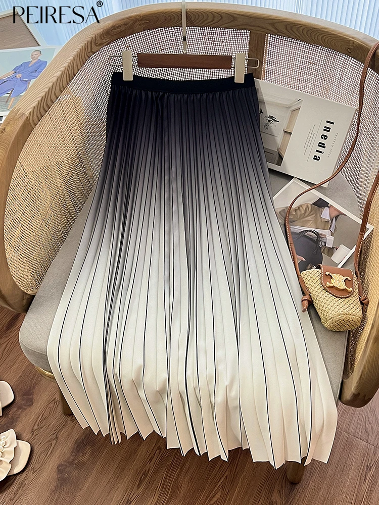 

PEIRESA Miyake Gradient Casual Skirts For Woman 2023 Summer New High Wiast With Elastic A Line Midi Skirt Korean Fashion Female