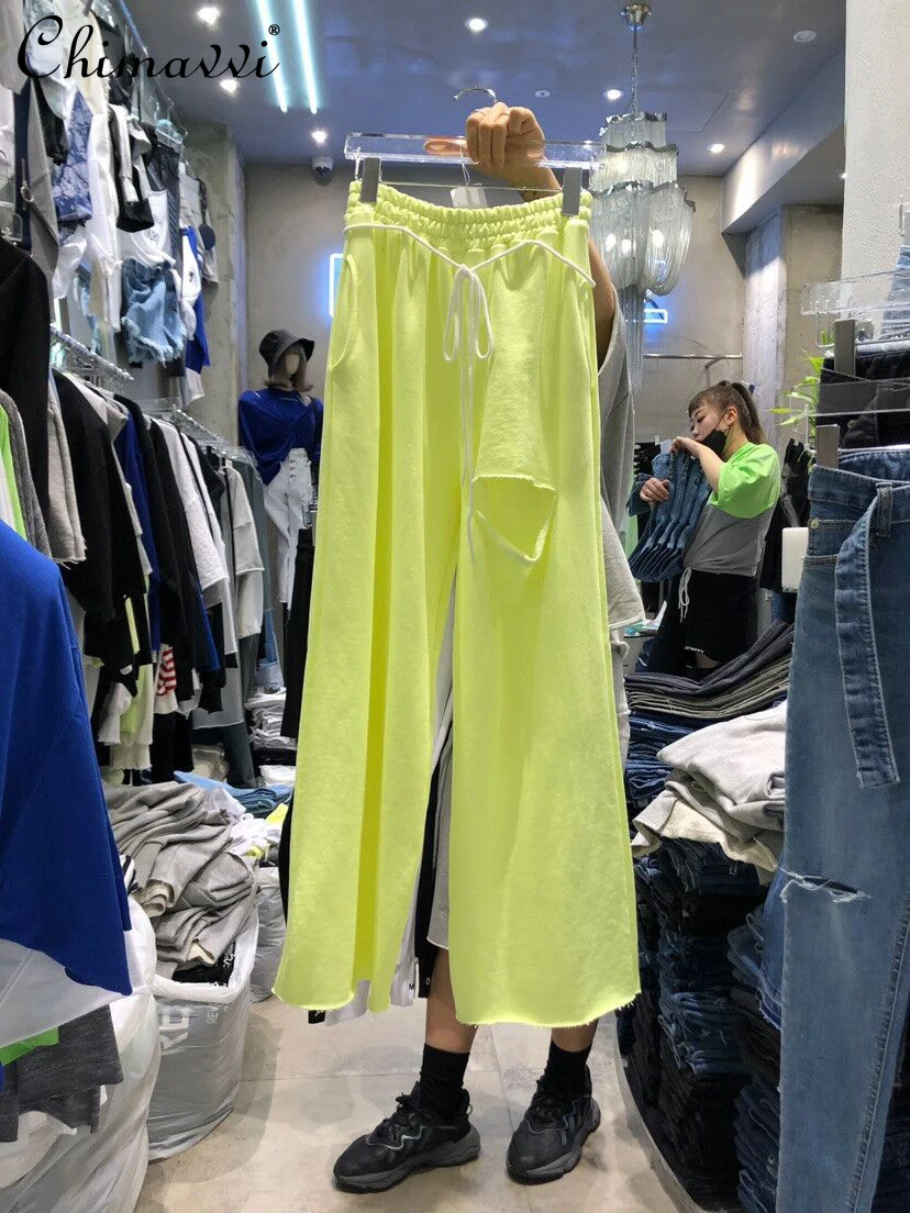 

Korean Fashion Casual Pants 2022 Summer Clothes New Ripped Personality Tied Elastic Waist Casual All-Match Wide Leg Sports Pants