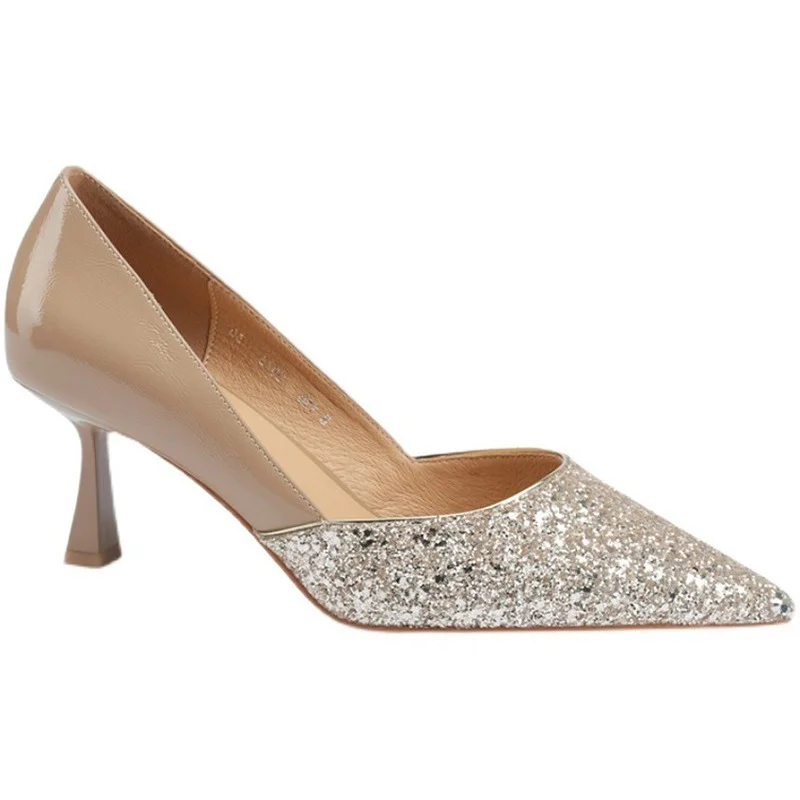 

2022 High Heel Women Pointed Toe Wedding Shoes Sequin Stitching Nude Thin Heels Single Shoes Spring Autumn