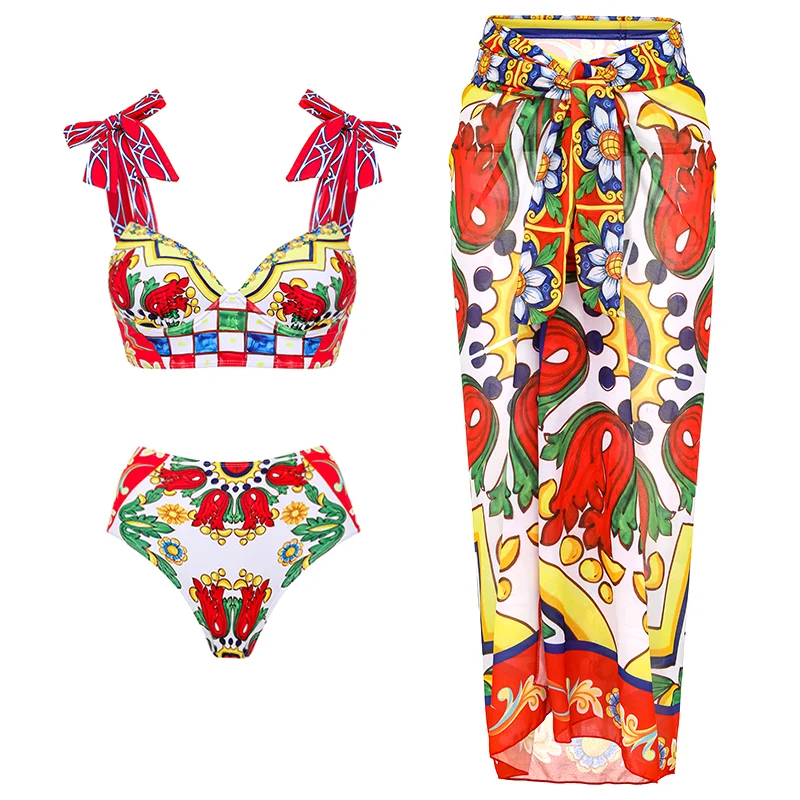 

2023 Bow-tie Paisley-print Bikini Swimsuit and Skirt Women Swimwear Push Up Bathing Suit Monokini