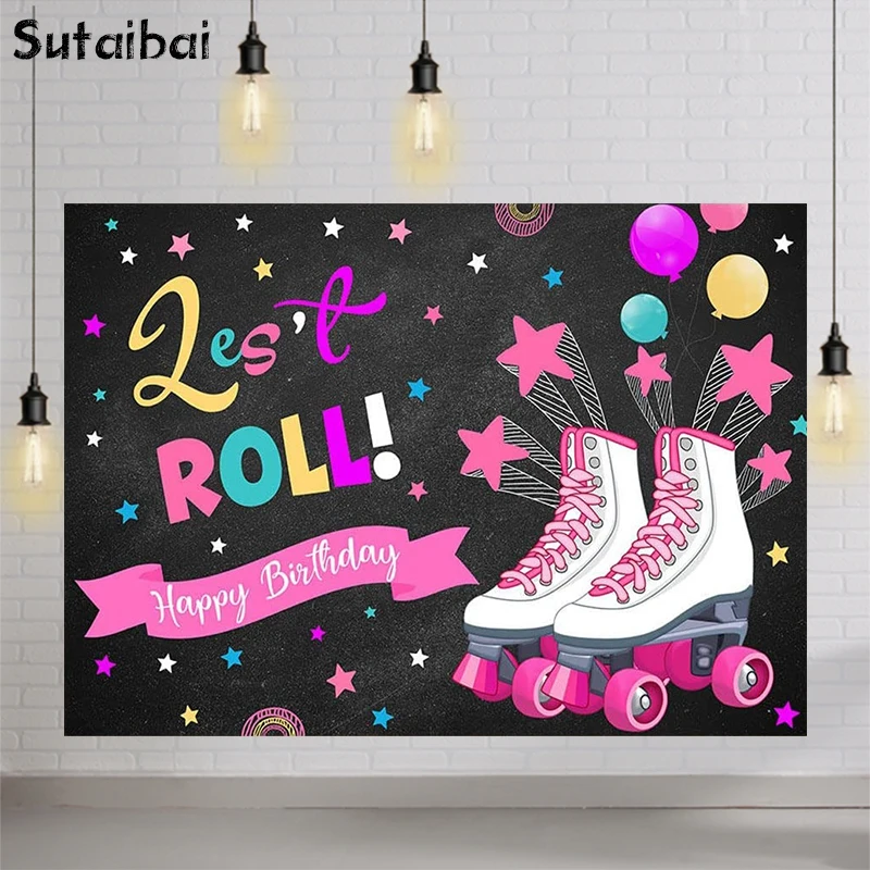 

Photography Background Neon Roller Skate Theme Backdrop Pink Skating Birthday Party Let's Roll Glow Skate Photo Studio Backdrop