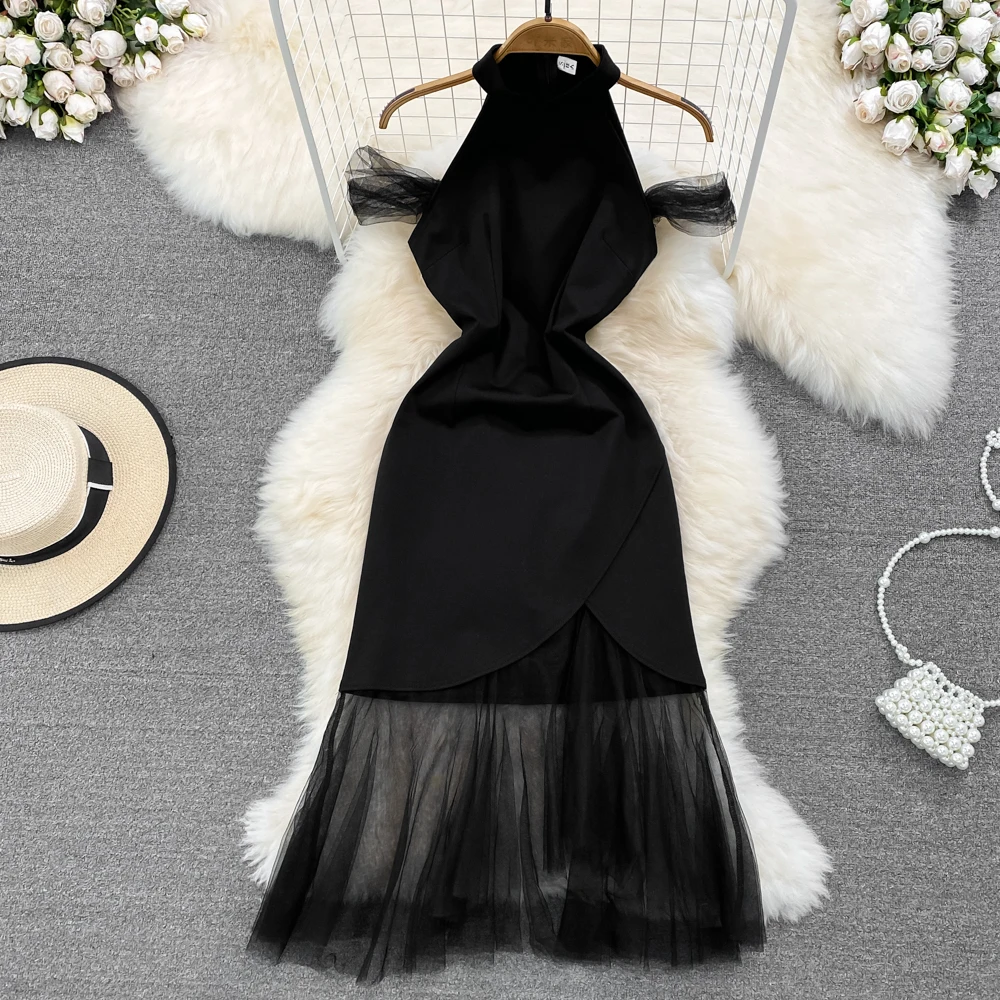 

Женское платье-Русалка средней длины, черное Сетчатое платье с воротником-лодочкой, облегающее вечернее платье до середины бедра, лето 2023