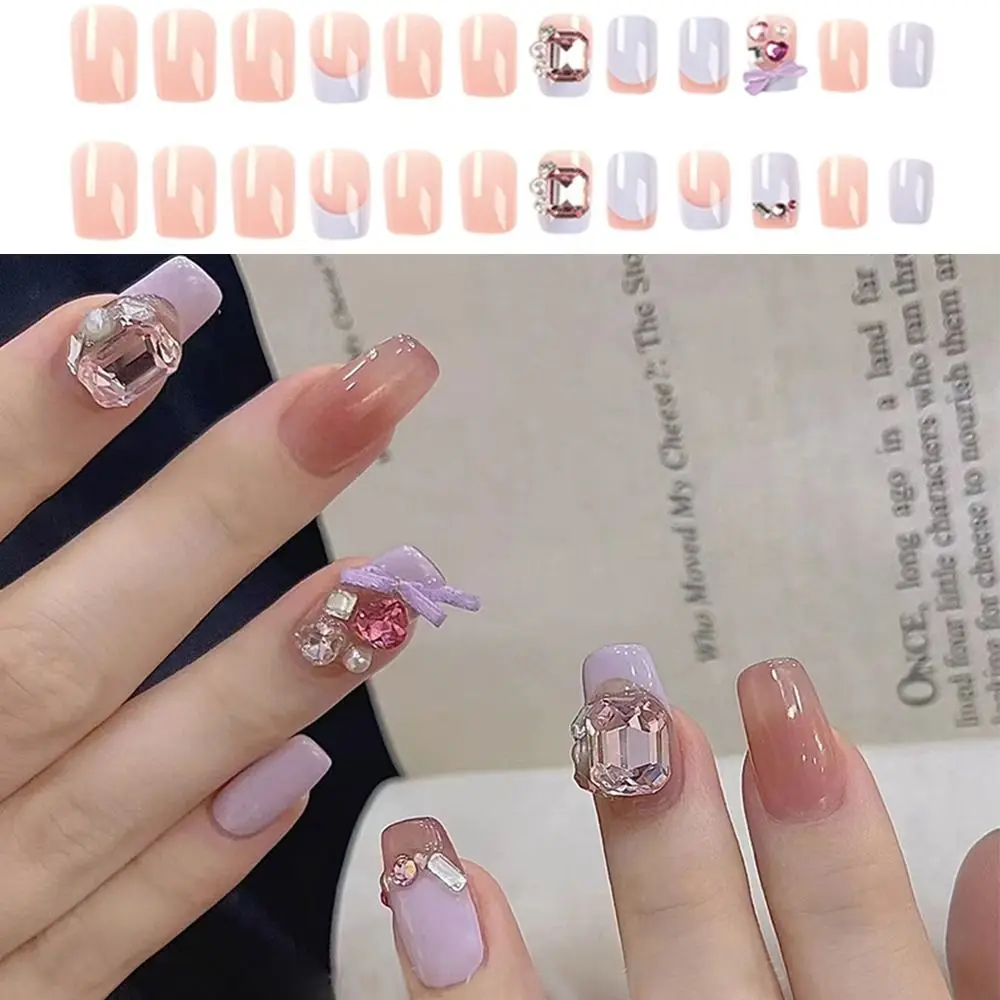

24pcs French Full Cover Detachable Manicure Purple Rhinestone Fake Nails False Nails Long Square