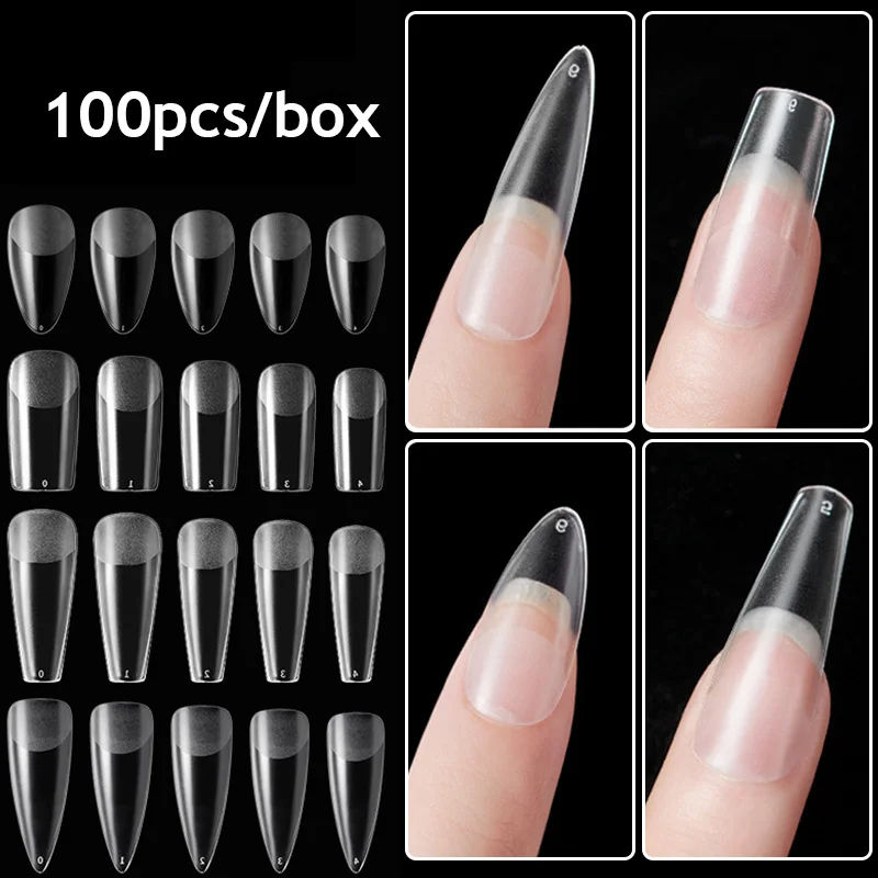 

100 Pcs/Box Coffin Acrylic full Cover Nail Tips No C Curve Extension Nail System Kit Natural Capsule Americaine Nail Accessories