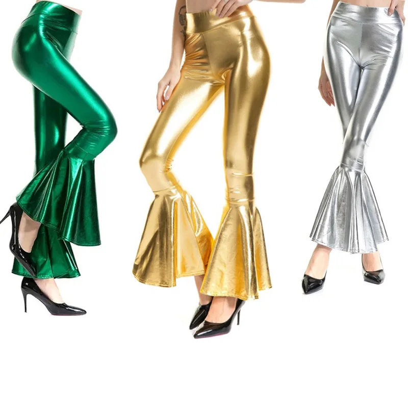 

Women Retro Shiny Flare Trousers Laser Metallic Wetlook Ruffle Wide Leg Pants 70s Disco Hippie Club Trousers Skinny Bell Bottoms