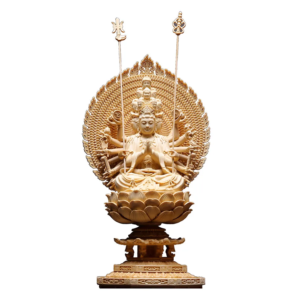 Хиноки Кипарис резная деревянная статуя бодхисаттвы одиннадцати головок тысячи