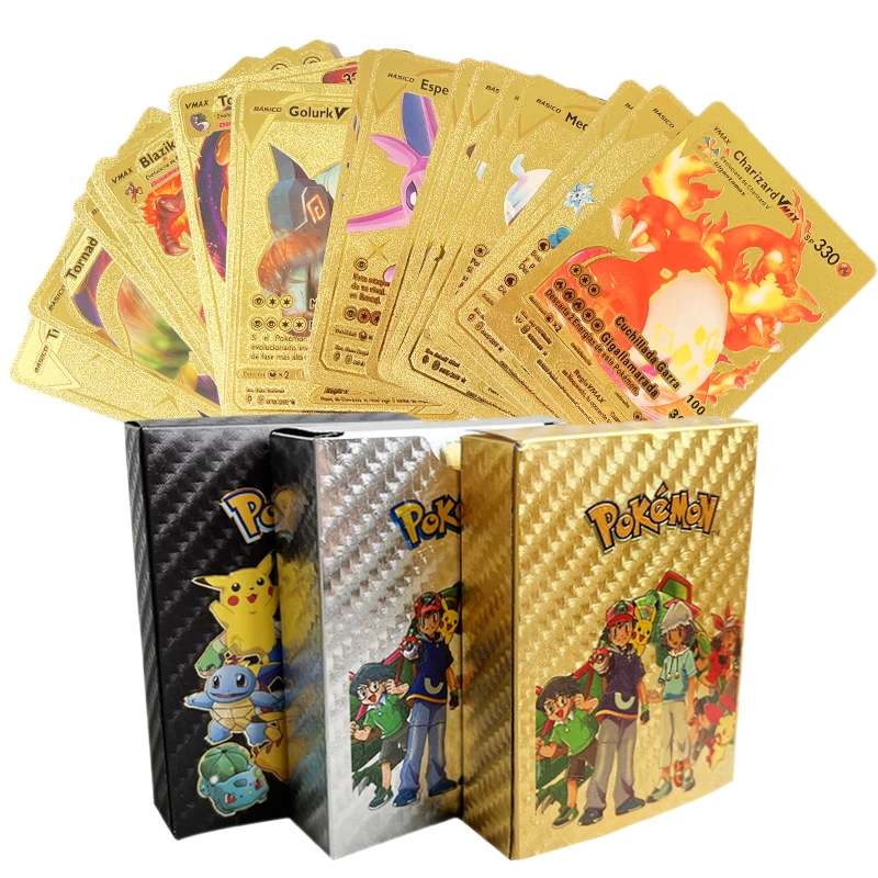 55pcs New Pokemon Cards Paper Gold Silver Vmax GX Card Box Charizard Pikachu Rare Collection French Spanish Battle Trainer Card