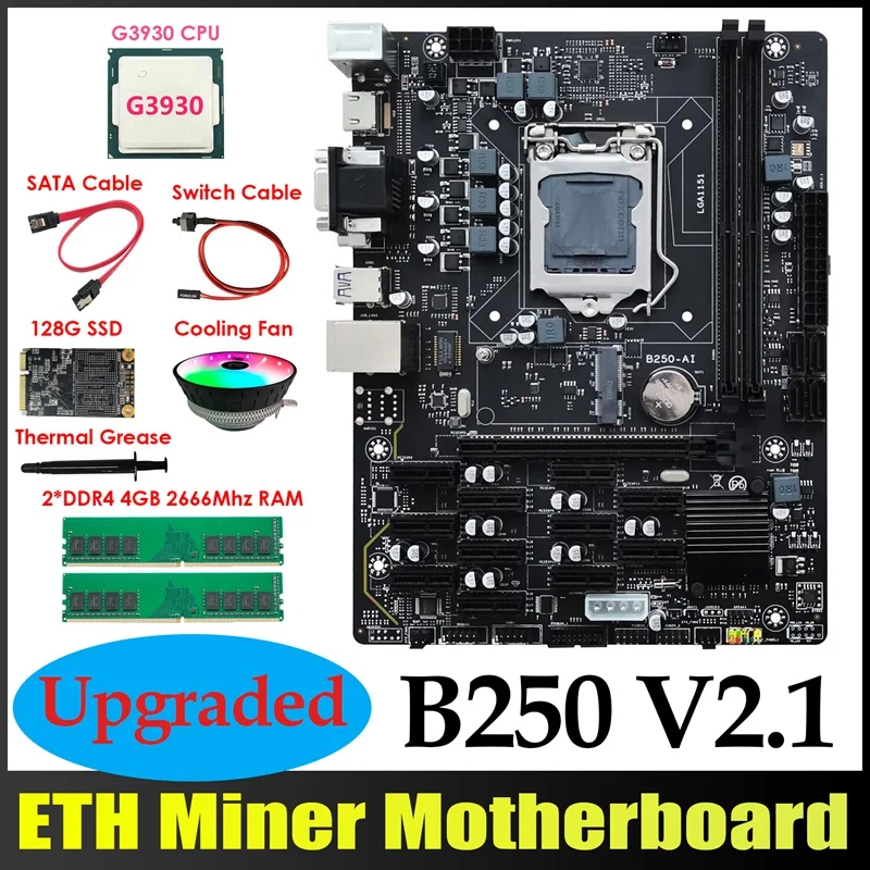 

Материнская плата B250 ETH Miner 12PCIE + G3930 CPU + 2XDDR4 4 Гб RAM + 128G MSATA SSD + вентилятор + кабель SATA + кабель переключателя + термопаста