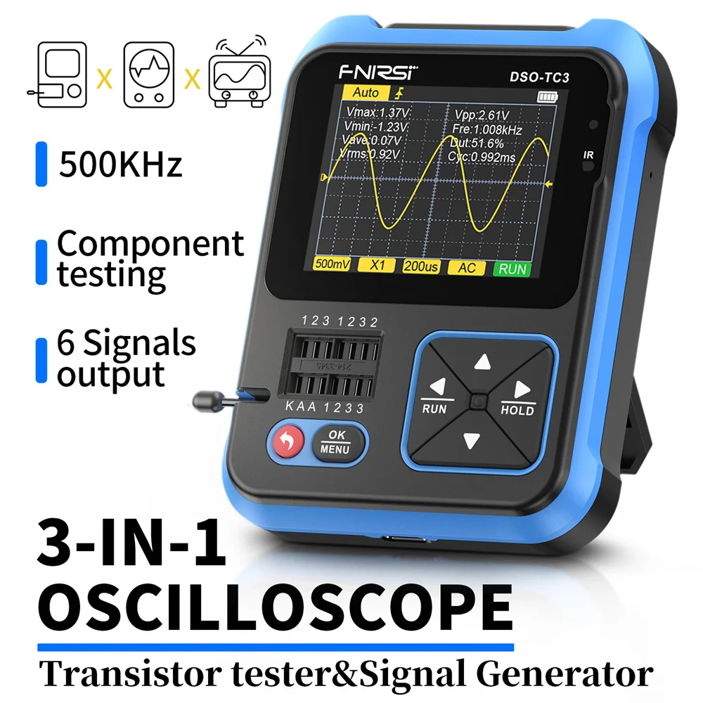 

FNIRSI DSO-TC3 Digital Oscilloscope Signal Generator 500kHz Bandwidth 10MS/s Sampling Rate Support Diode Transistor LCR Detect