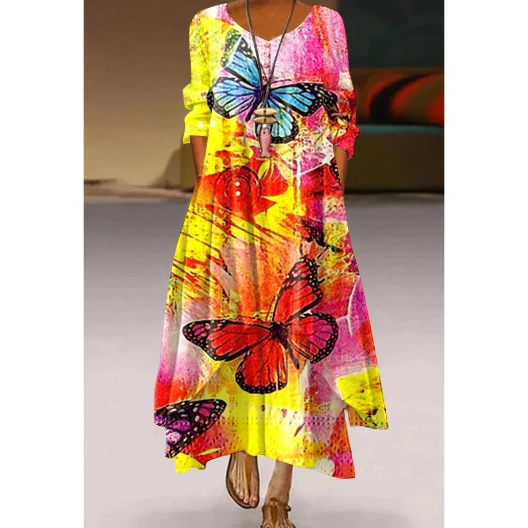 Butterfly Flower Colored Printing Elegant Long Dress Women Fashion Summer Beach Evening Party Casual Clothing Full Sleeve