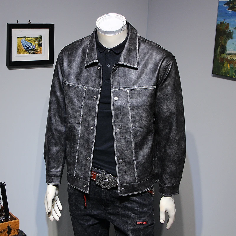 Autumn New Washed Leather jacket Men's Korean Sle Loose Lapel Outerwear Trendy Youth Handsome Casual Leather Coat