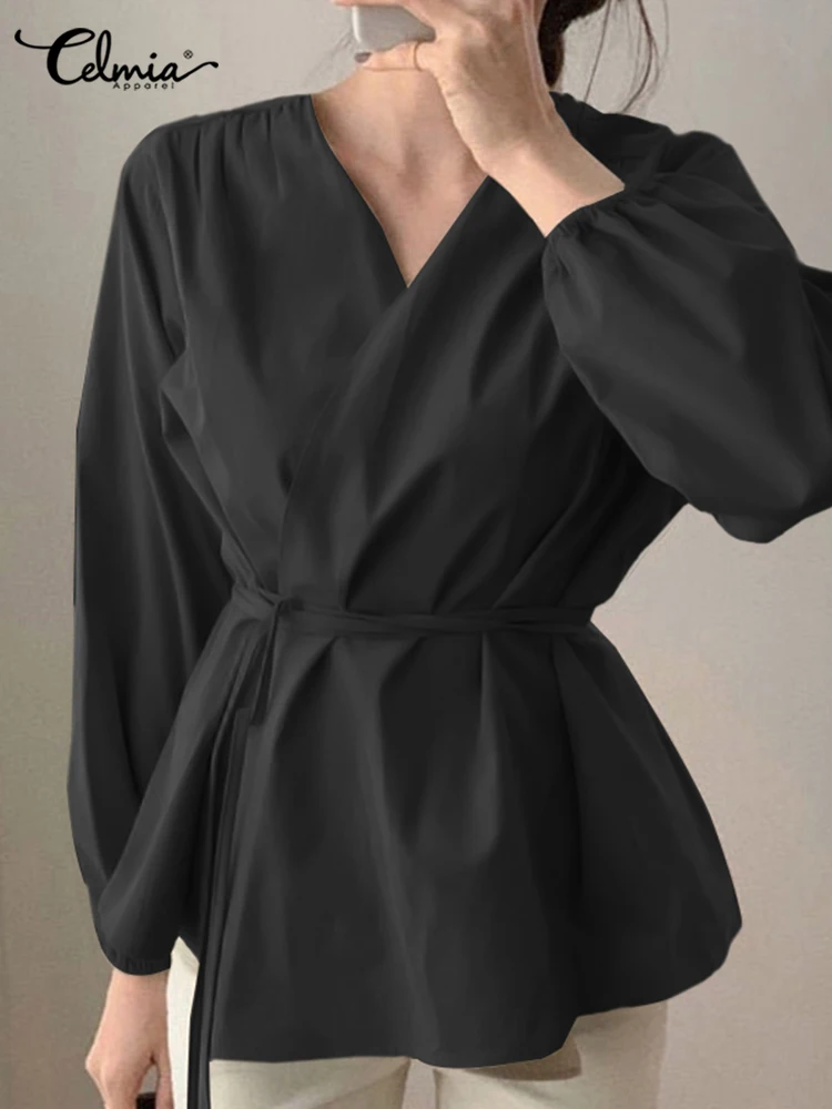 

Women Puff Sleeve Blusas Celmia Elegant Office Lady Tops Autumn Casual V Neck Wrap Blouses 2022 Korean Fashion Bandage Shirts