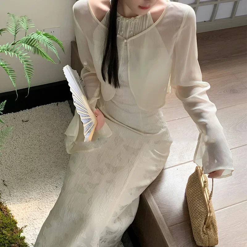 Новинка 2024 платье в китайском стиле Женский Летний шифоновый кардиган с шарфом и