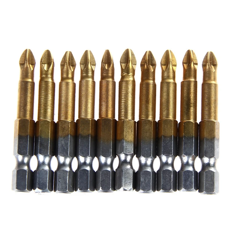 10x Anti Slip Electric Screwdriver Bits Single Side Magnetic Hex Shank PH2 50mm