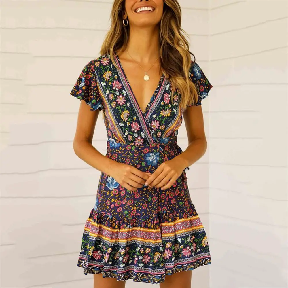 

Women Bohemia Style Floral Print Beach Bandage Falbala V-Neck Short Sleeve Dress Specifications: Featuring falbala and floral p