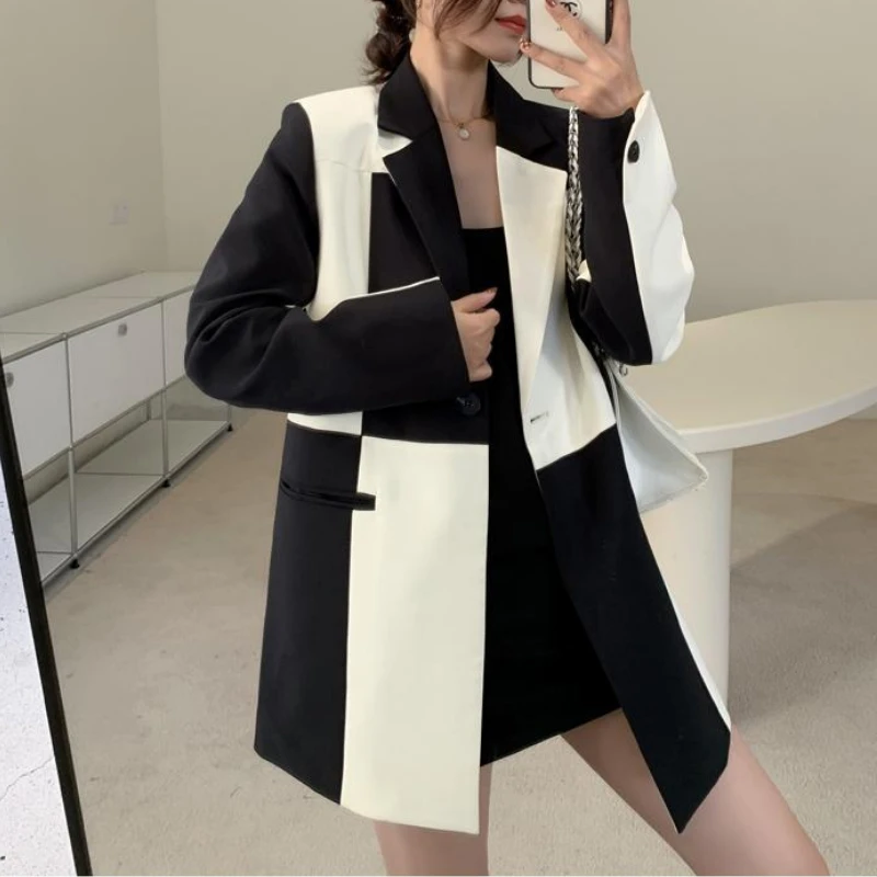 Fashion Black and White Stitching Women's Suit Jacket Women's Tops Office Lady Spring Autumn Coat Retro Designer Loose Za New