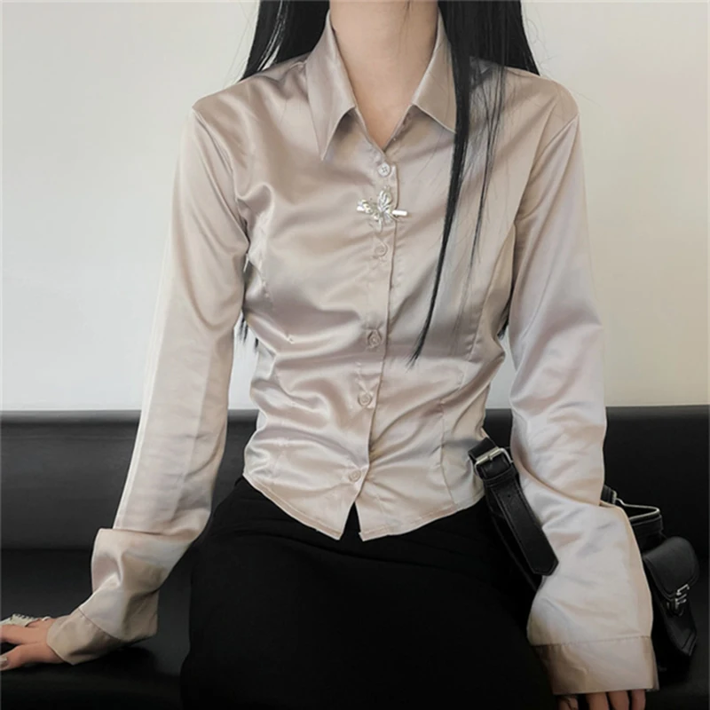 

New Autumn Fashion Women Shirt Vintage Office Lady Short Satin Slim Long Sleeve Blusas Femme Y2k Hot Girl Slim Blouses Crop Top