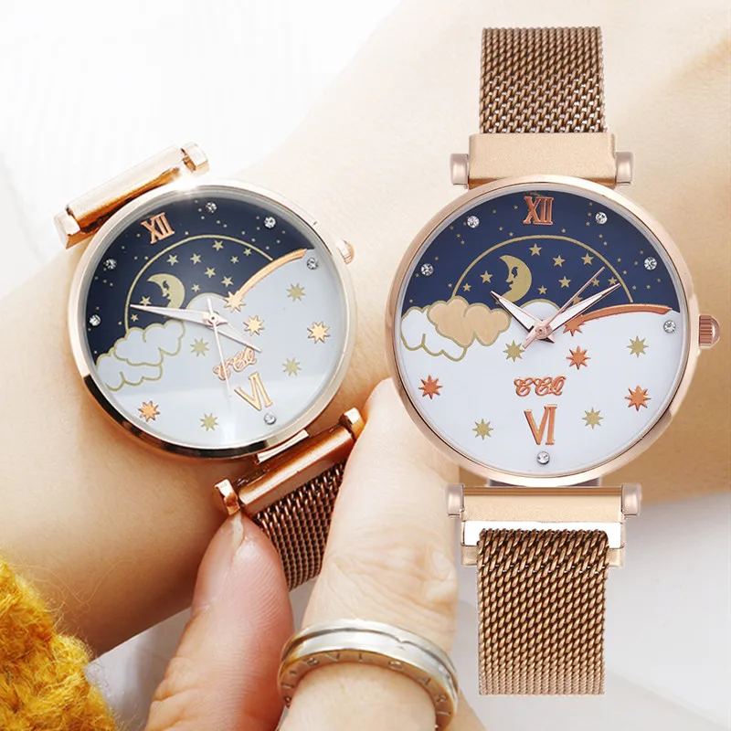 

Elegant Starry Sky Watches for Women Fashion Full Star Moon Dial Ladies Fashion Watches Original Design Casual Decor Watch Gifts