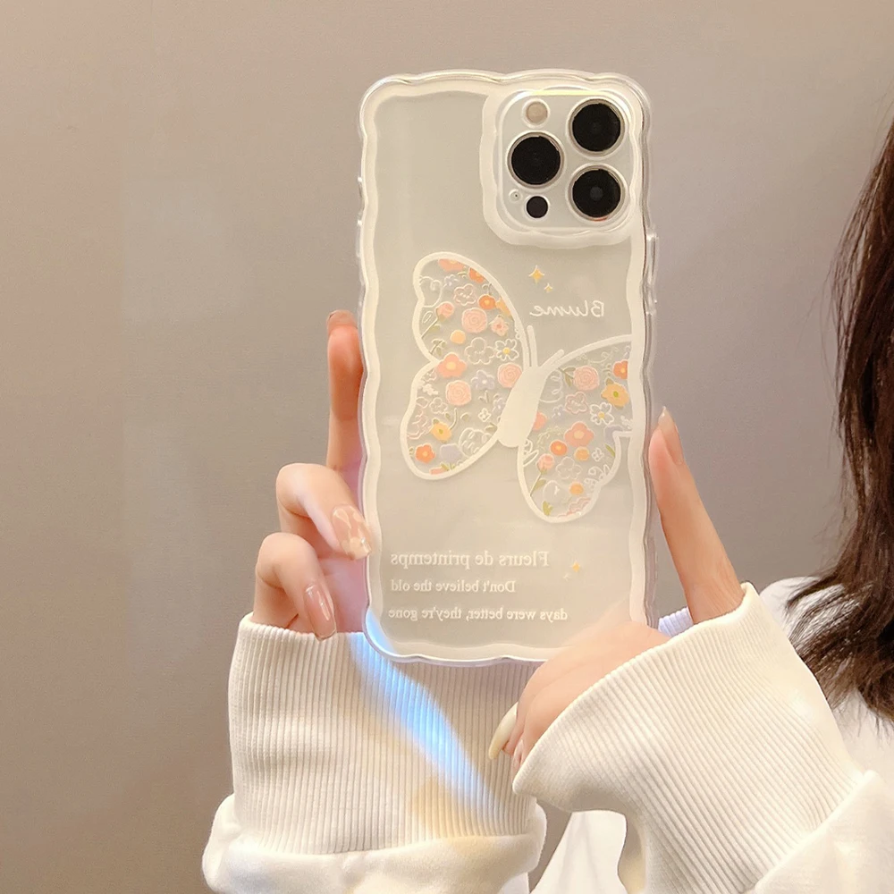 Противоударный защитный чехол с волнистыми краями и бабочками для IPhone 13,  12, 11 Pro Max, X, XR, XS, 7, 8 Plus, прозрачный мягкий чехол | AliExpress