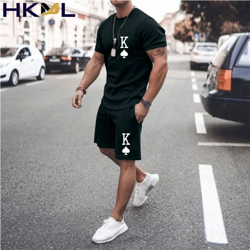 

Harajuku 2 Pieces Men T Shirt Pure Color Letter Print Casual Shorts Set Trend Short Sleeve O-neck Sportswear