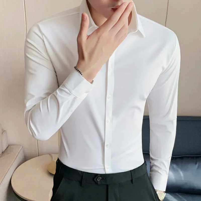 2022 Spring High Elasticity Men Shirt Long Sleeve Slim Casual Solid Color Business Formal Dress Shirts Social Party Blouse |