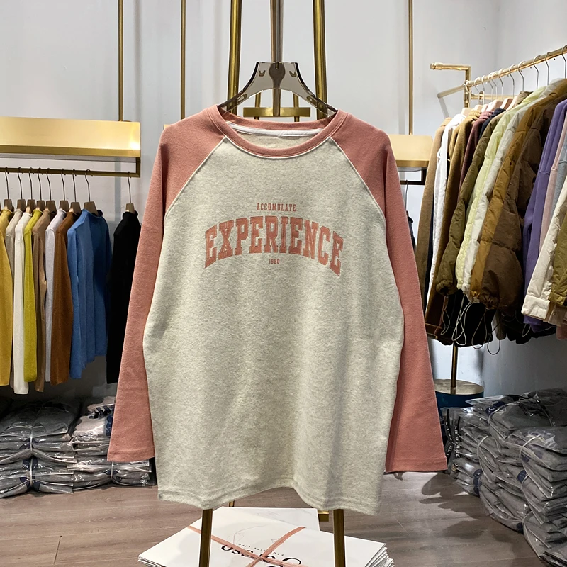 

【Live Shot】colorblock Letters Sanding Long Sleeve Women T-shirt Korea All-match Autumn Winter Pullovers Loose Bottoming Top