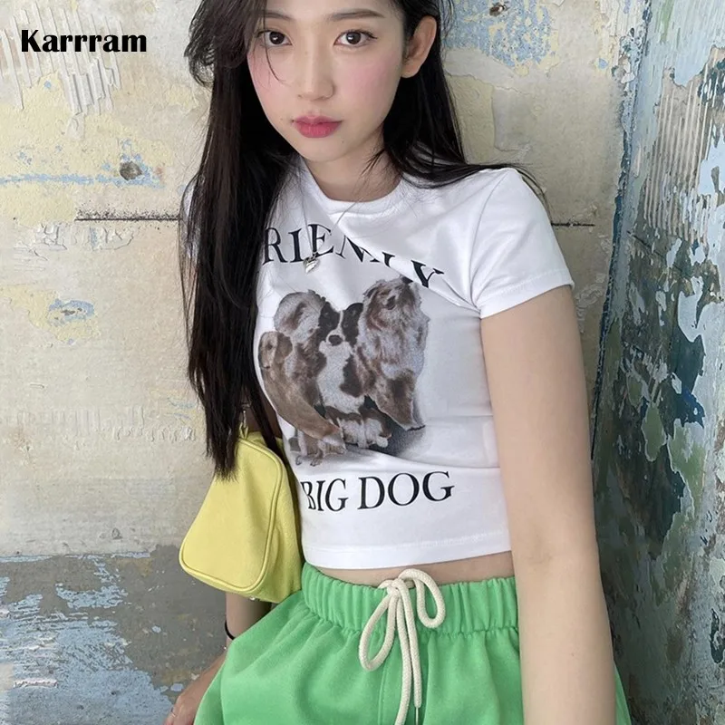 قمصان قصيرة بنمط كوري من Karrram مطبوعة بأكمام قصيرة على شكل كلب تي شيرت Kpop ياباني حلو Kawaii تي شيرت صيفي Fairycore
