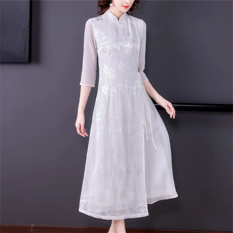 

Chinese Style Improved Cheongsam Summer New Literary Retro Elegant Temperament Jacquard Dress Zen Tea Long Female Qipao h1305