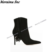 moraima snc black fringe decor suede boots for women slip on solid boots pointed toe stilettos high heels runway shoes on heels