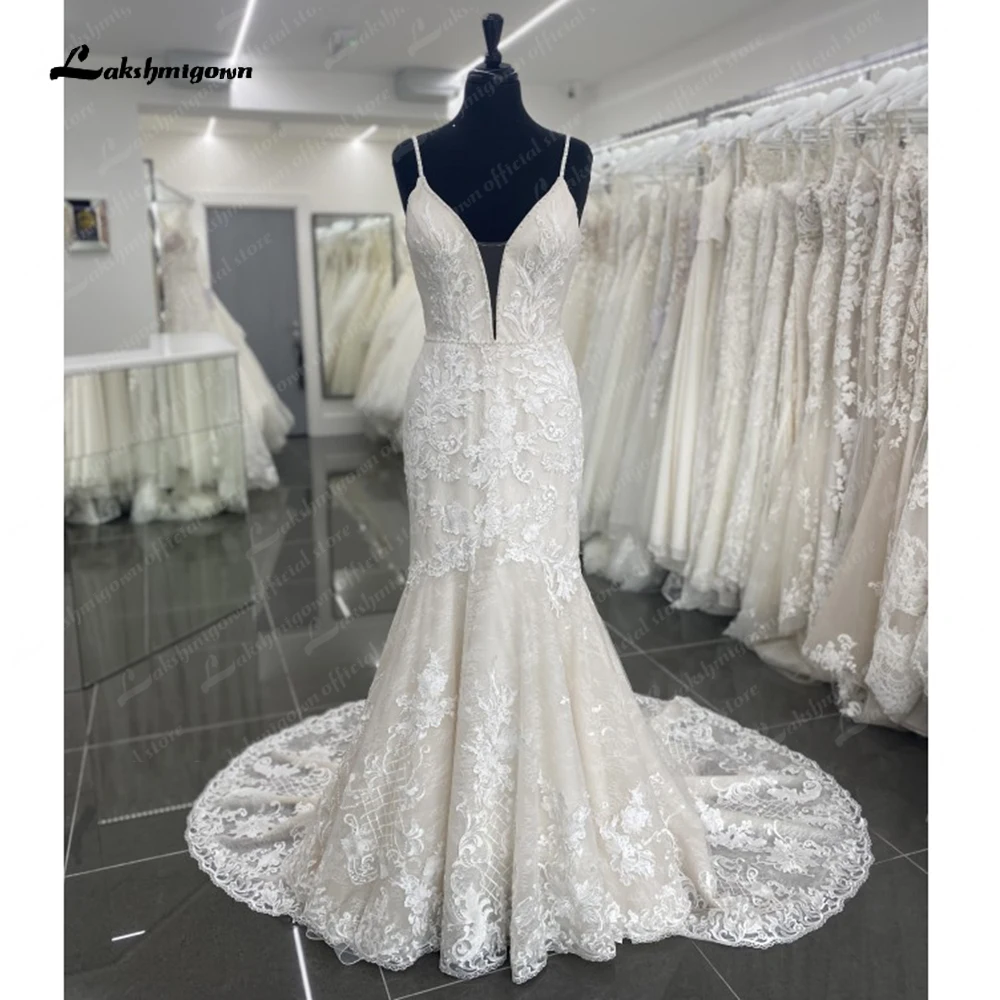 

Lakshmigown Mermaid Wedding Dress 2023 Deep V-Neck Neckline Open-Back Floor-Length Bridal Gown Plus Sizes Vestidos De Novia