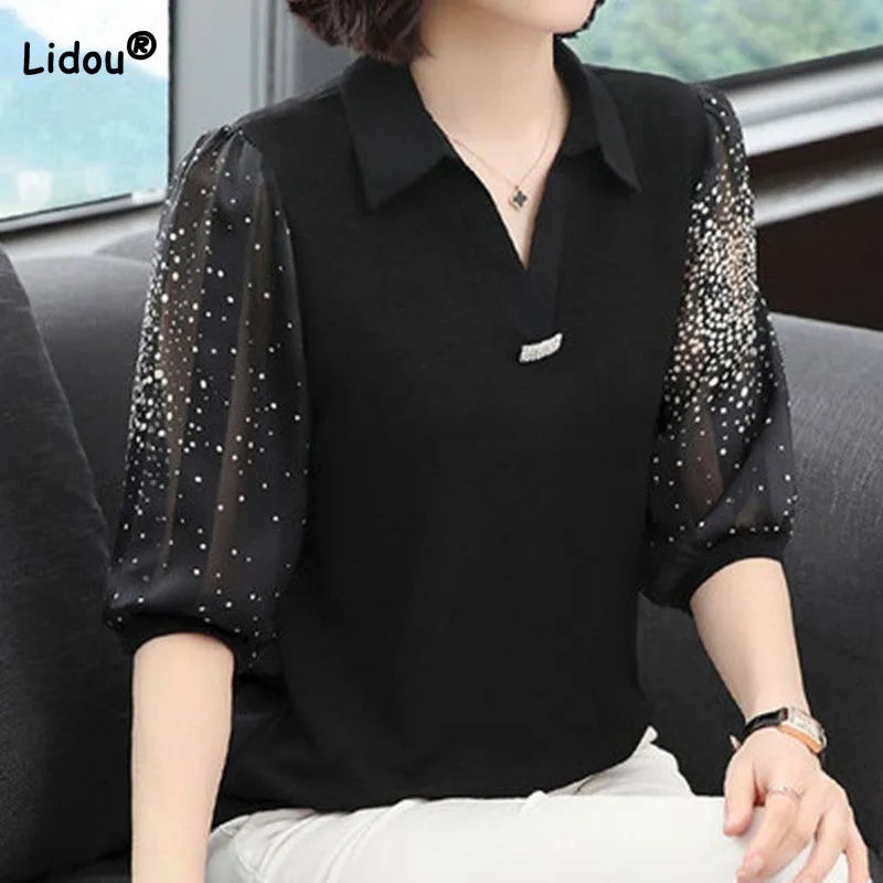 

Fashion Elegant Printing Spliced 3/4 Sleeve Shirt Female Summer Women's Clothing Casual Korean Polo-Neck Loose Chiffon Blouse