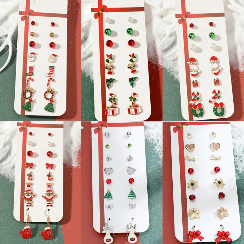 

2022 Christmas Stud Earrings Set Fashion Cartoon Cute Elk Cane Tree Heart Bowknot Snowflake Ear Studs Xmas Jewelry Gifts