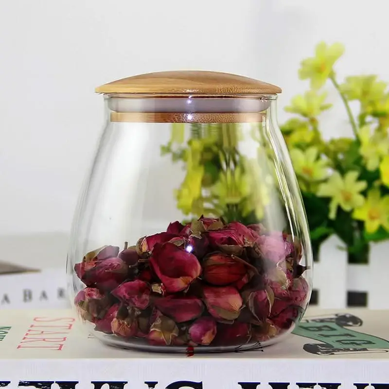 

Glass Food Storage Containers Transparent Round Candy Canisters Organizer With Airtight Bamboo Lid For Coffee Beans Pasta Cookie