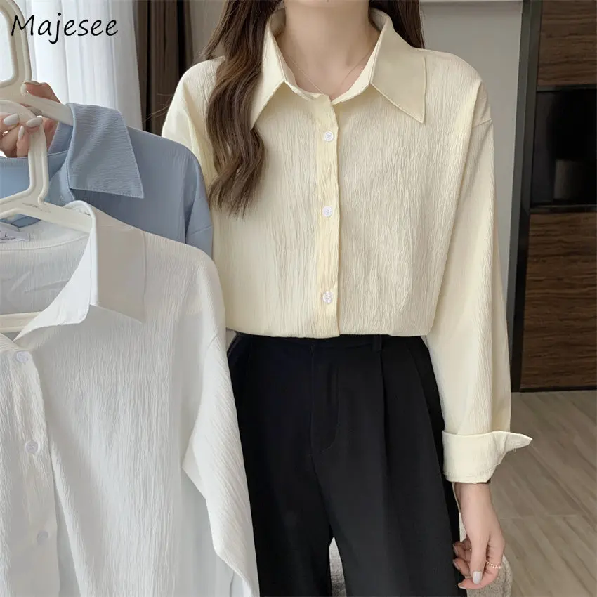 

Shirts Women Office Ladies Long Sleeve Sun-proof Design Solid Tender Temper Chemise Femme Casual Autumn Girlish Tender Young Ins