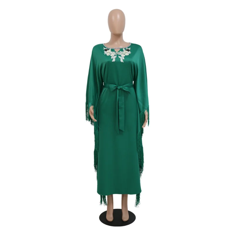 Summer Spring 2023 Muslim Women Long Sleeve O-neck Green Polyester Long Abaya Tassel Muslim Dresses Muslim Fashion Abaya