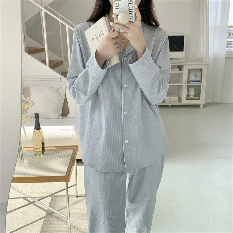 Autumn New Couple Striped Pajamas Set Long-Sleeved Lapel Home Clothes Two-piece Simple Ins Women Loose Cotton Pajamas Sweet D471