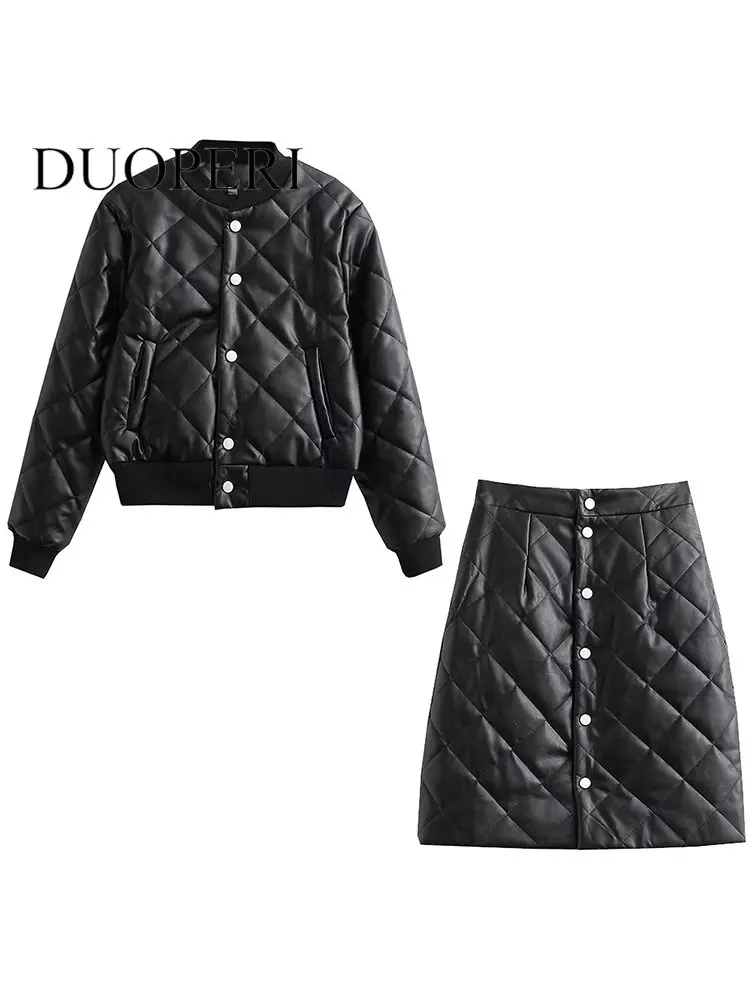 

Комплект из двух предметов DUOPERI Женский, однотонная однобортная куртка из искусственной кожи и винтажная юбка миди, шикарный Дамский компле...