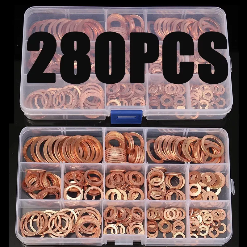 

2023NEW 280pcs Copper Washers Copper Sealing Washer 12 Sizes Assorted Solid Copper Crush Washers Seal Flat Ring Set with Case