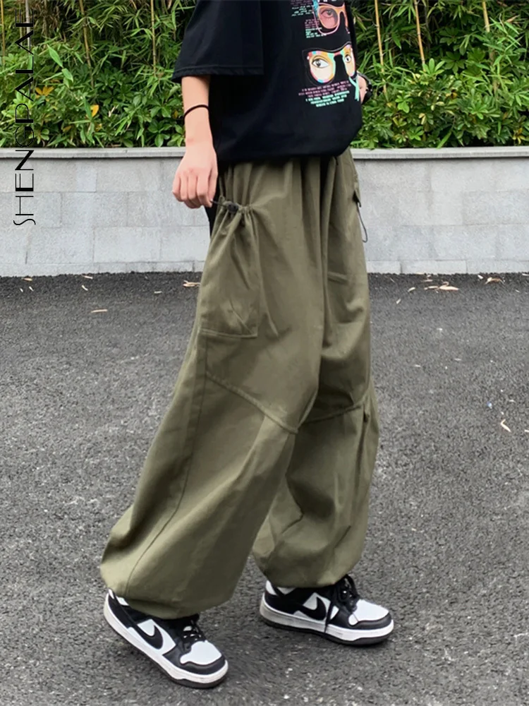 

SHENGPAIAE vintage solid color high waist wide leg pocket long pant casual lady elastic bottoms 2022 autumn new pants 5Q558