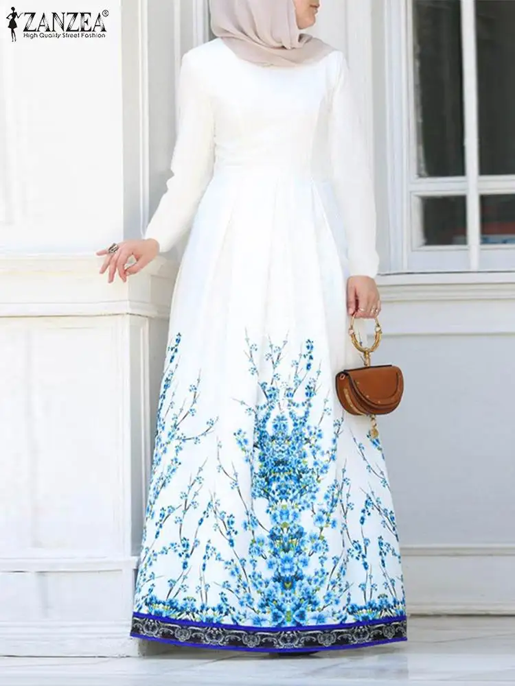 

Turkey Abaya Hijab Dress Robe Femme Ramadan Kaftan ZANZEA Fashion Women Long Sleeve Floral Printed Dubai Muslim Maxi Long Dress