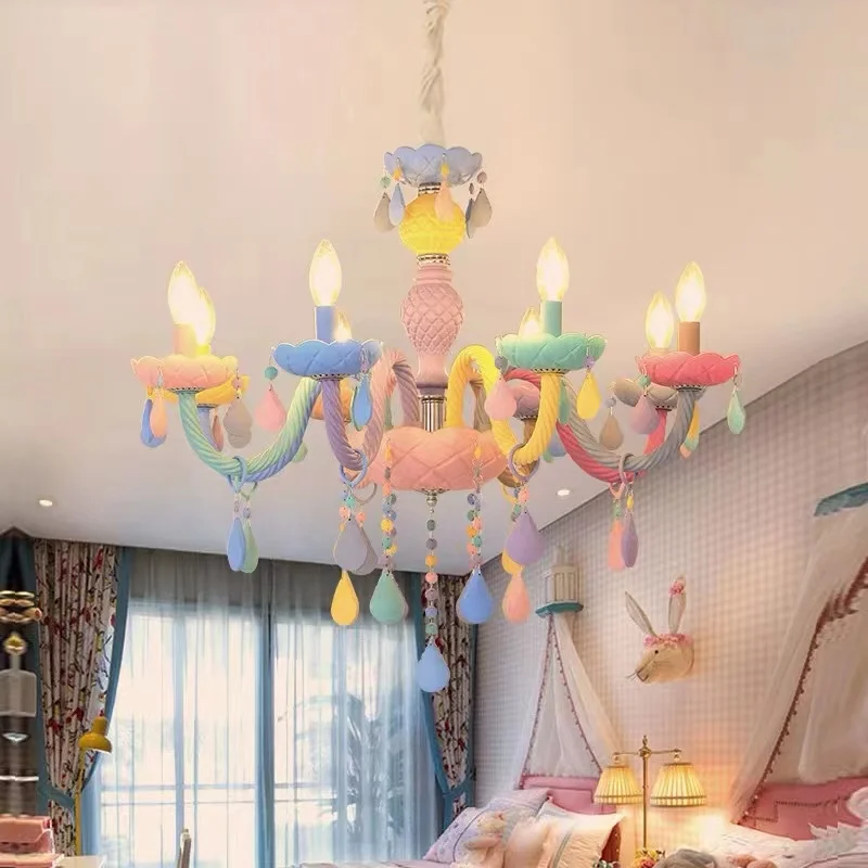 

Macaron colorful led crystal chandelier European-style living room girl princess children's room E14 candle light bedroom lamps