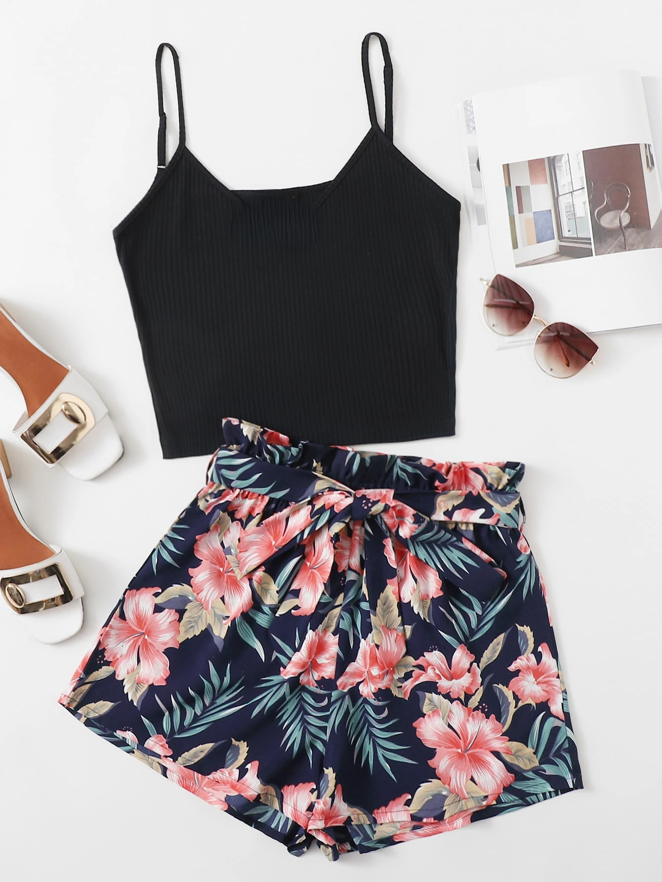 

Rib-knit Top & Self Belted Tropical Shorts Set
