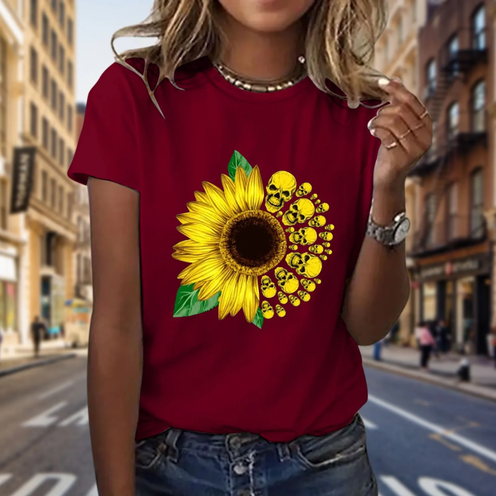 

Leisure Time Short Sleeve Printing Sunflower Round Neck Jacket Loose Womens Tops Mom Lounge Shirt