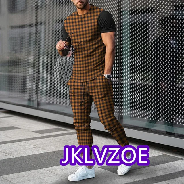 Men's Tracksuit Sportswear 2-piece Sports Suit Men Summer3D Printed T-shirt Set Fashion Trousers Striped Geometric Printed Shirt