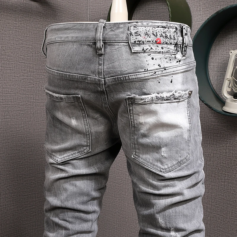 Streetwear Fashion Men Jeans Retro Light Gray Stretch Slim Printed Ripped Jeans Men Painted Designer Hip Hop Brand Pants Hombre