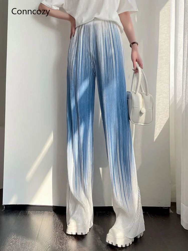 

Pink Tie-dye Printed Ice Silk Chiffon Pleated Wide-leg Pants Women's Clothing Summer Loose Drape Mopping Straight Casual Pants